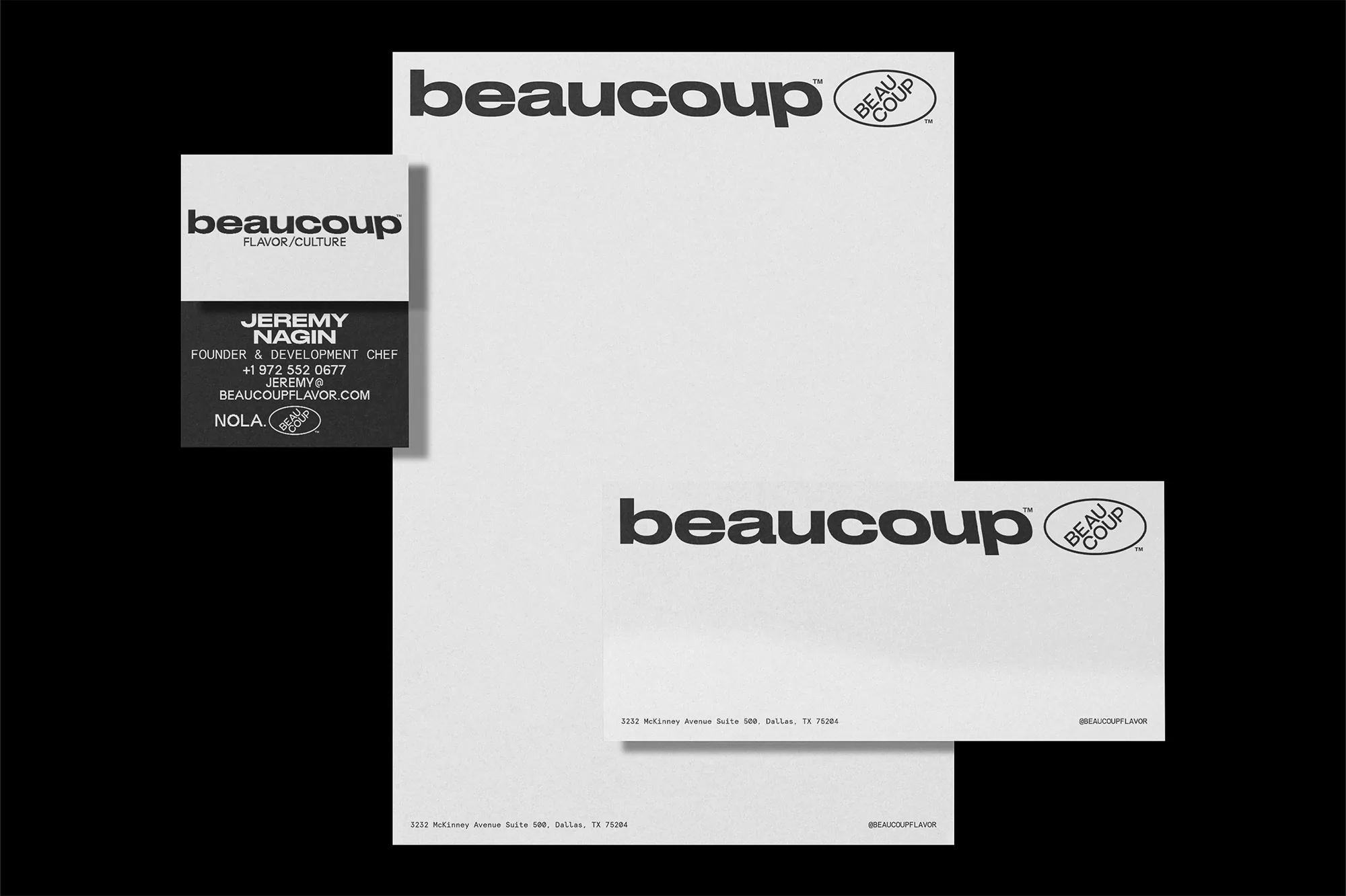 Beaucoup Flavor/Culture branded stationery: letterhead, business card, and note card in black text on white paper against a black background.