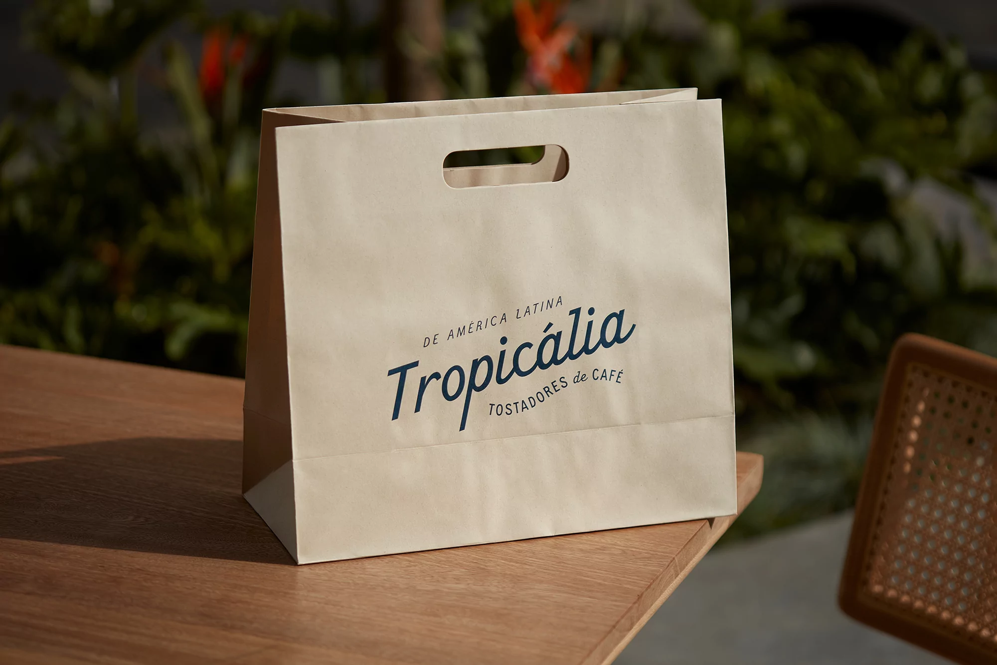 Beige paper shopping bag with 'Tropicalia' logo on wooden table, with blurred green foliage in the background, natural lighting.