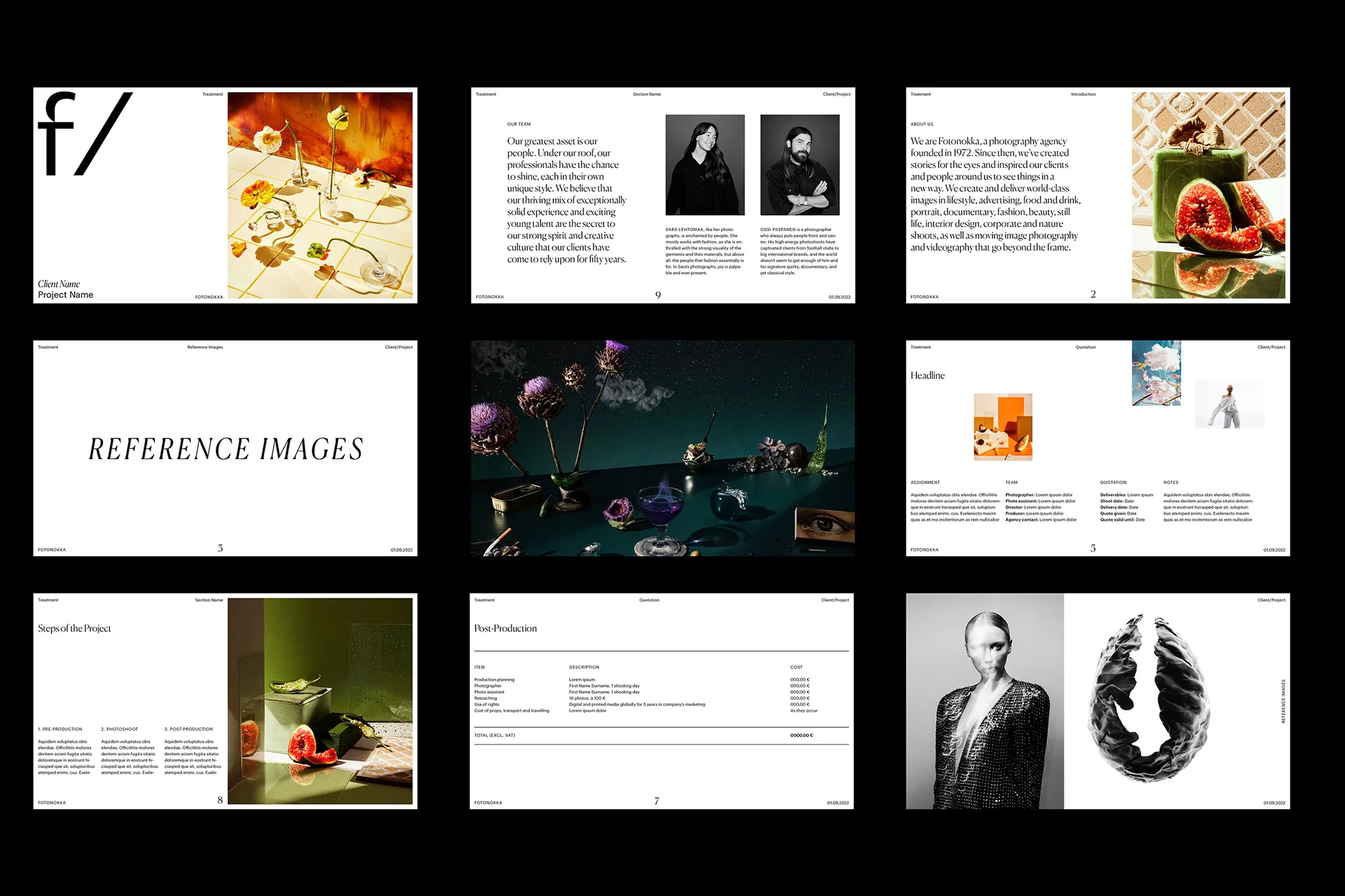 A collage of various photographs and graphic design elements showcasing different photography styles and creative agency presentation.