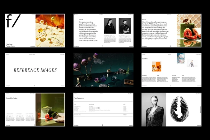 A collage of various photographs and graphic design elements showcasing different photography styles and creative agency presentation.