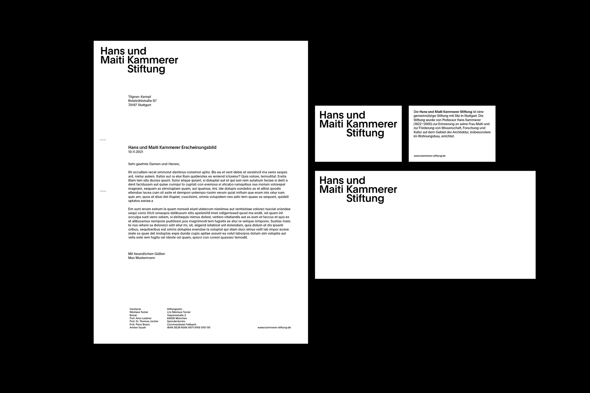 Letterhead mockups for Hans und Maiti Kammerer Stiftung. Minimalist stationery includes letterhead, business cards, and compliment slips.