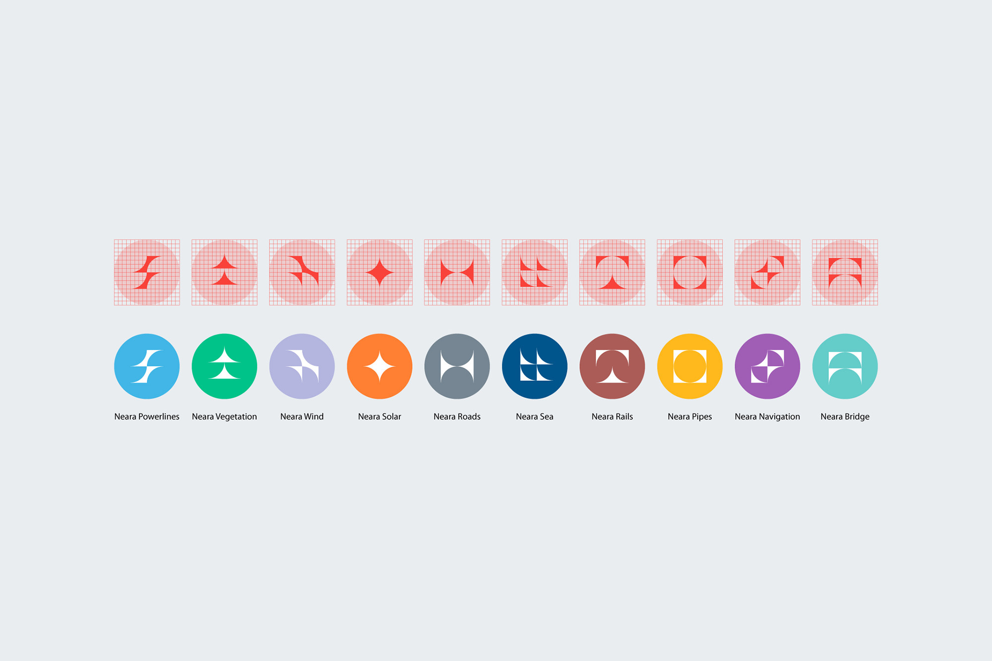 Collection of eleven vector abstract icons with geometric shapes in circles. Representing various concepts or businesses, logo designs.