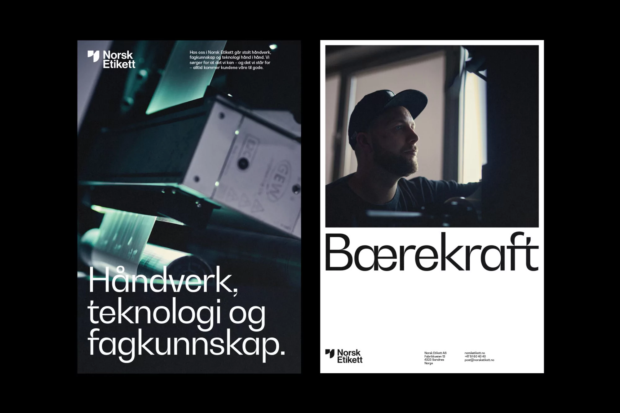 Two advertising posters with bold typography: one featuring a man in a cap, and the other shows a printing machine with moving labels.