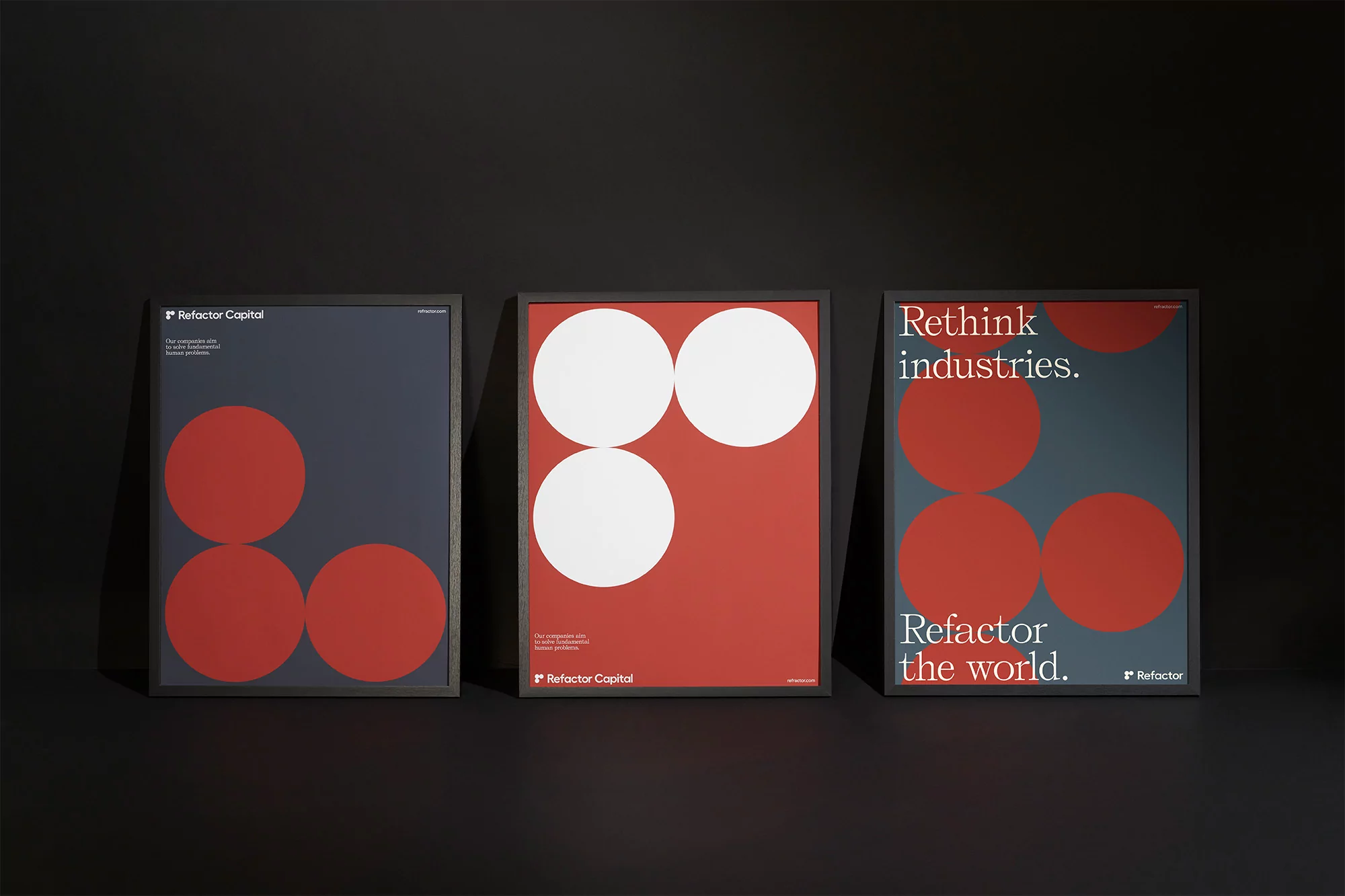 Three framed posters feature minimalist geometric designs with circles and text, promoting Refactor Capital, set against a dark background.