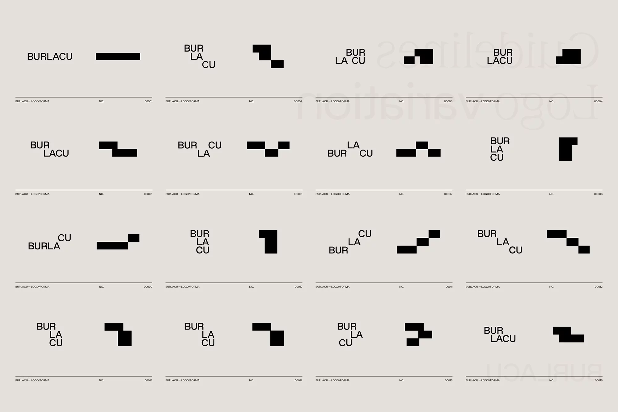 Graphic design featuring various logo form options with the word 'BURLACU' in different arrangements and configurations, displayed in black on beige.