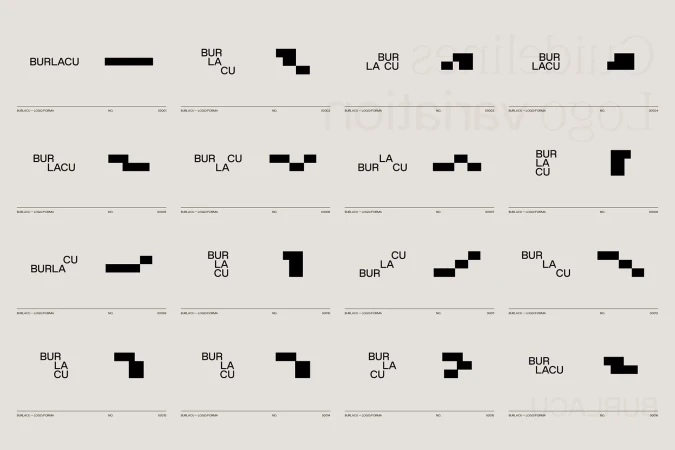 Graphic design featuring various logo form options with the word 'BURLACU' in different arrangements and configurations, displayed in black on beige.