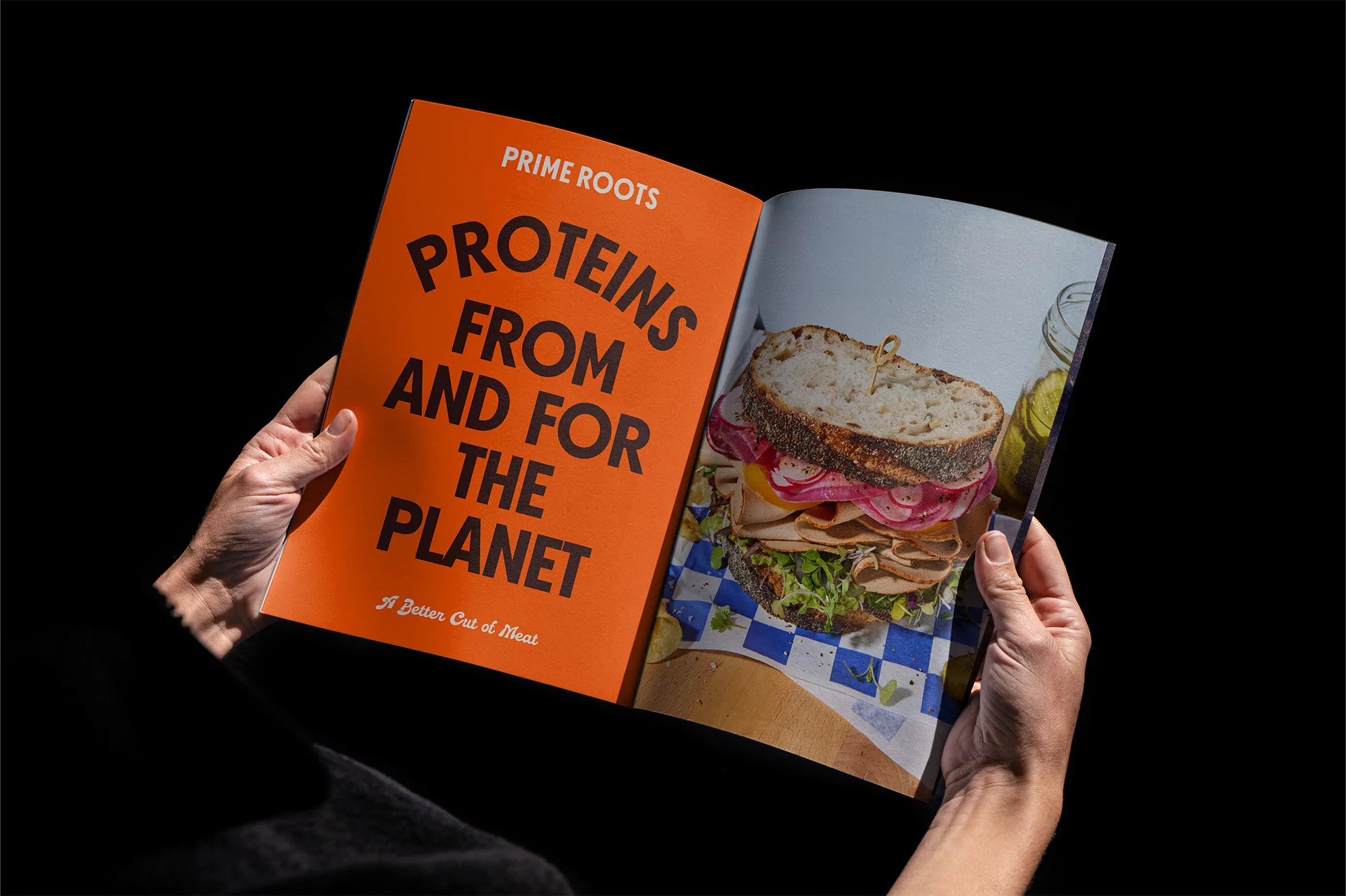 Open magazine with sandwich picture and the text 'Proteins From And For The Planet' held by hands against a dark background.
