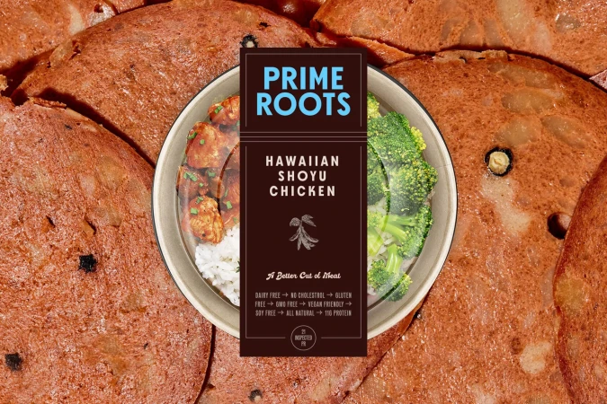 Overhead shot of a bowl containing Hawaiian shoyu chicken and broccoli, surrounded by slices of brown meat; packaged food product.