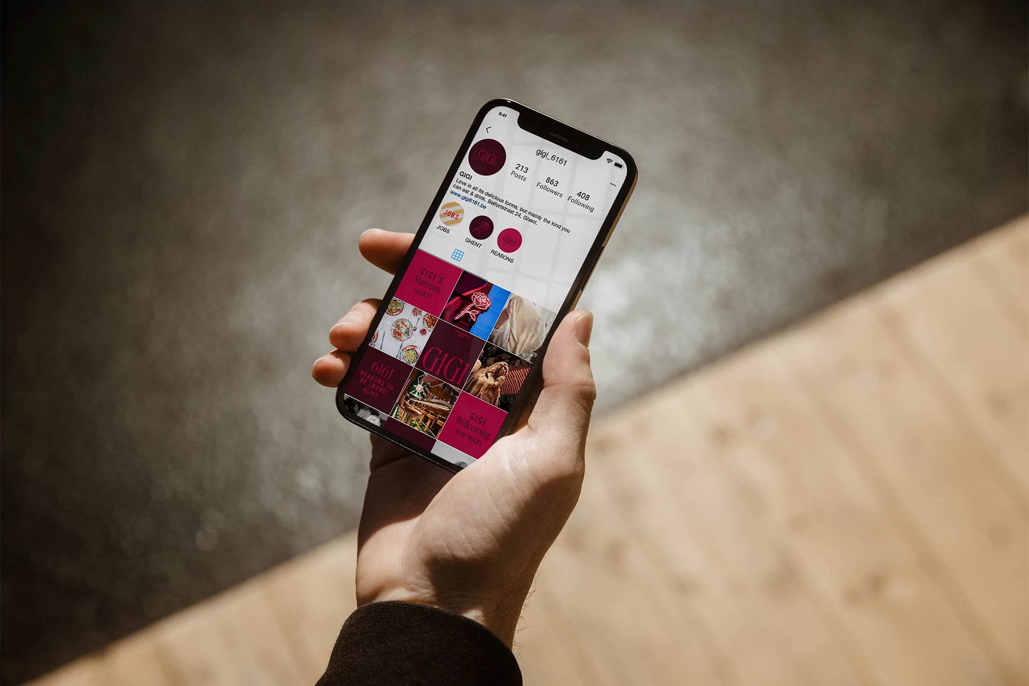 Hand holding a smartphone displaying an Instagram profile. The background is a neutral blend of gray and tan surfaces with soft lighting.