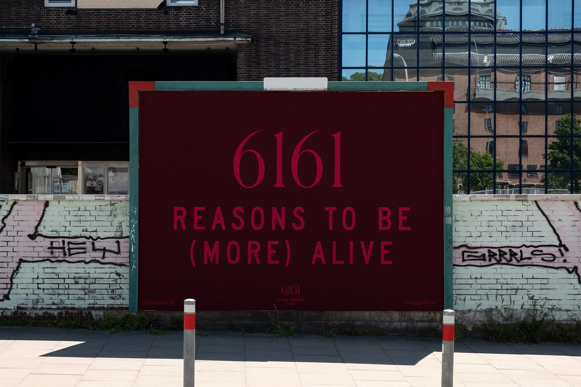 Large outdoor advertising billboard with burgundy background and pink typographic text reading 6161 reasons to be more alive by GIGI