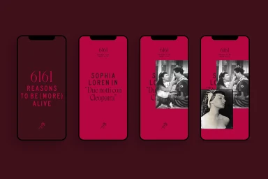 Four smartphone screens displaying pink brand identity mockups with serif typography and vintage film stills for GIGI brand identity.