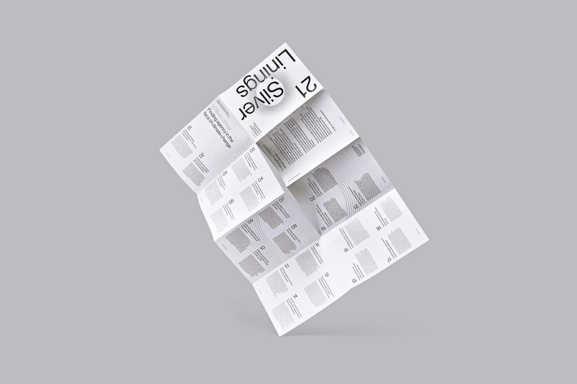 Brochure featuring '21 Silver Linings' title. Graphic design elements and body text fill the pages, displayed on a neutral background.