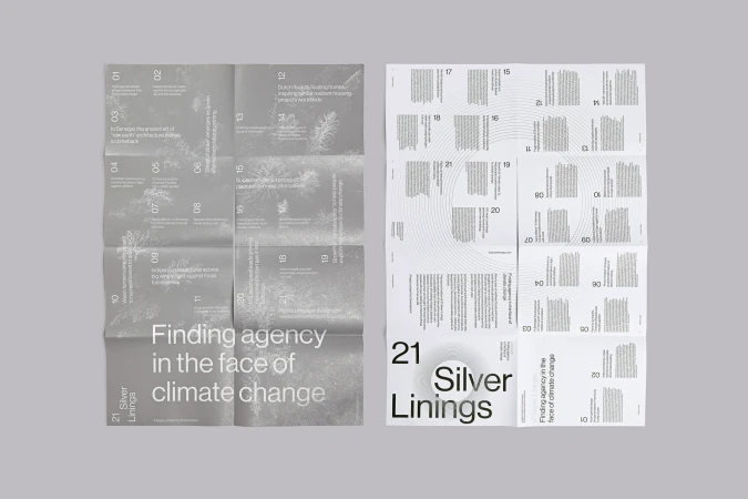 Two-page spread of a document featuring numbered lists, headings like 'Finding agency in the face of climate change,' and article snippets.