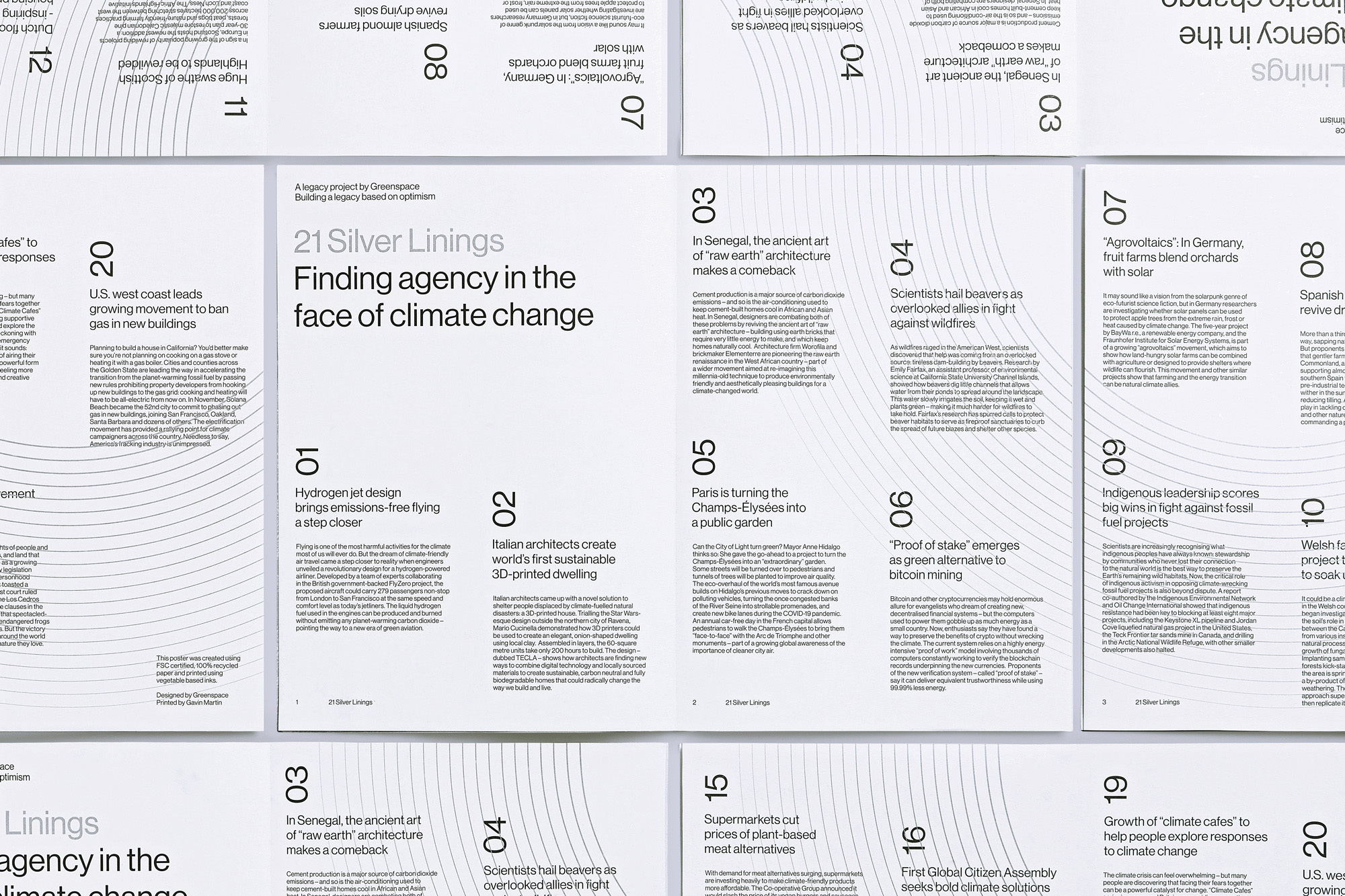Collage of magazine-style layouts with text, highlighting environmental topics, featuring a modern design and monochromatic color scheme.