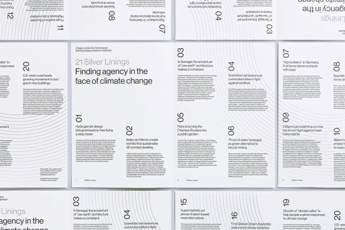 Collage of magazine-style layouts with text, highlighting environmental topics, featuring a modern design and monochromatic color scheme.