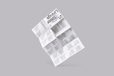 Folded printed publication titled Silver Linings floating against a neutral grey studio backdrop