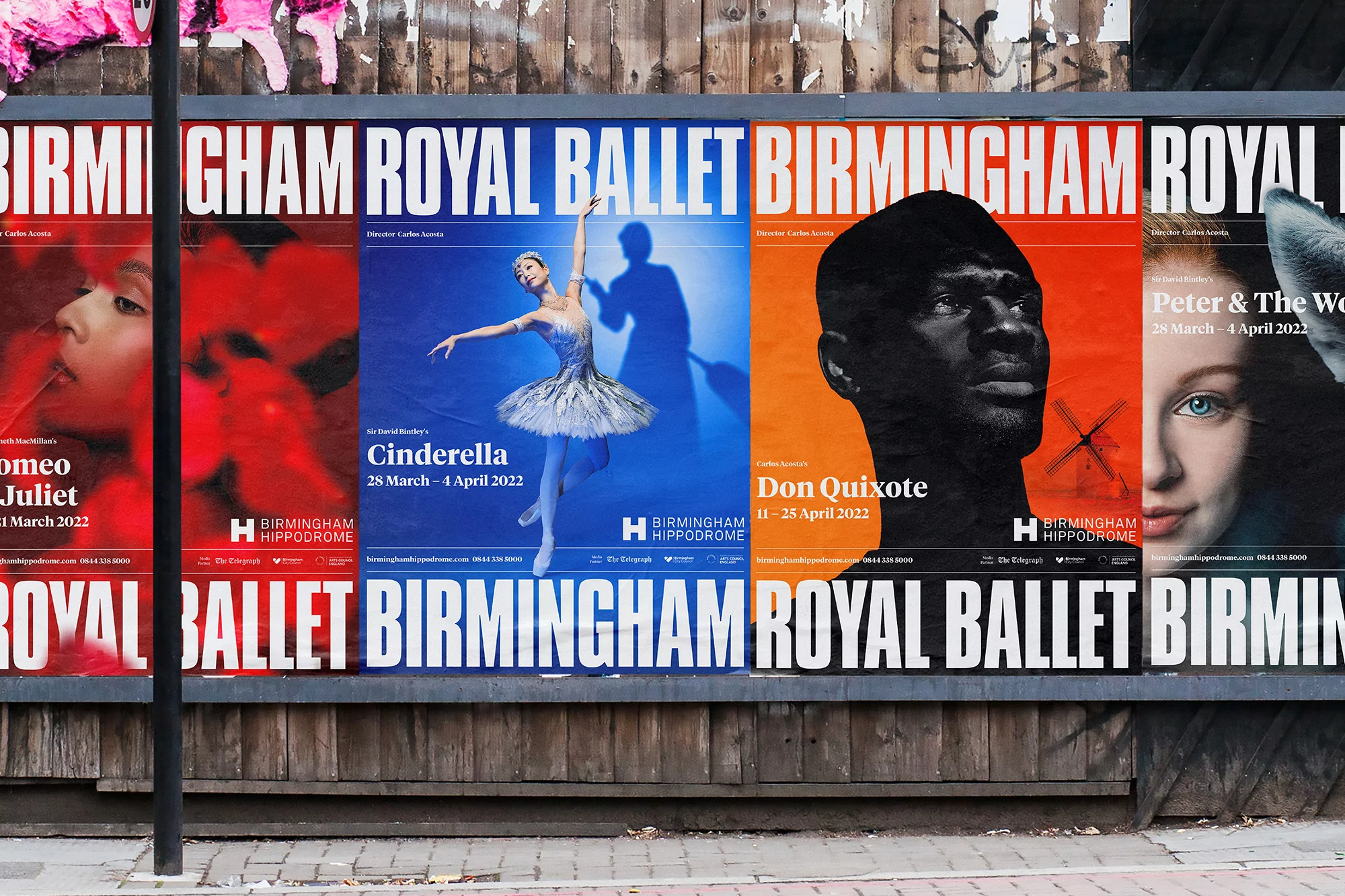 Ballet posters for Birmingham Royal Ballet advertising performances of Romeo and Juliet, Cinderella, Don Quixote, and Peter & The Wolf.