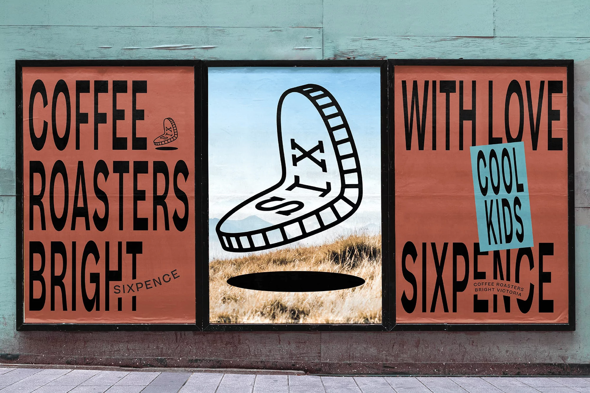 Three framed posters against a wall advertise Sixpence coffee, featuring bold typography and a stylized coin illustration.