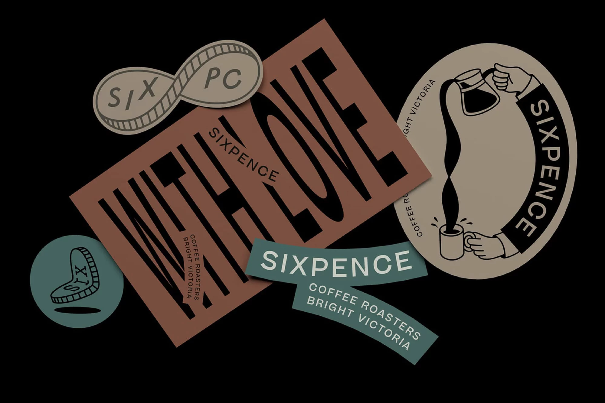 Sixpence Coffee Roasters branding materials featuring various labels and stickers in shades of brown, beige, and teal on a black background.