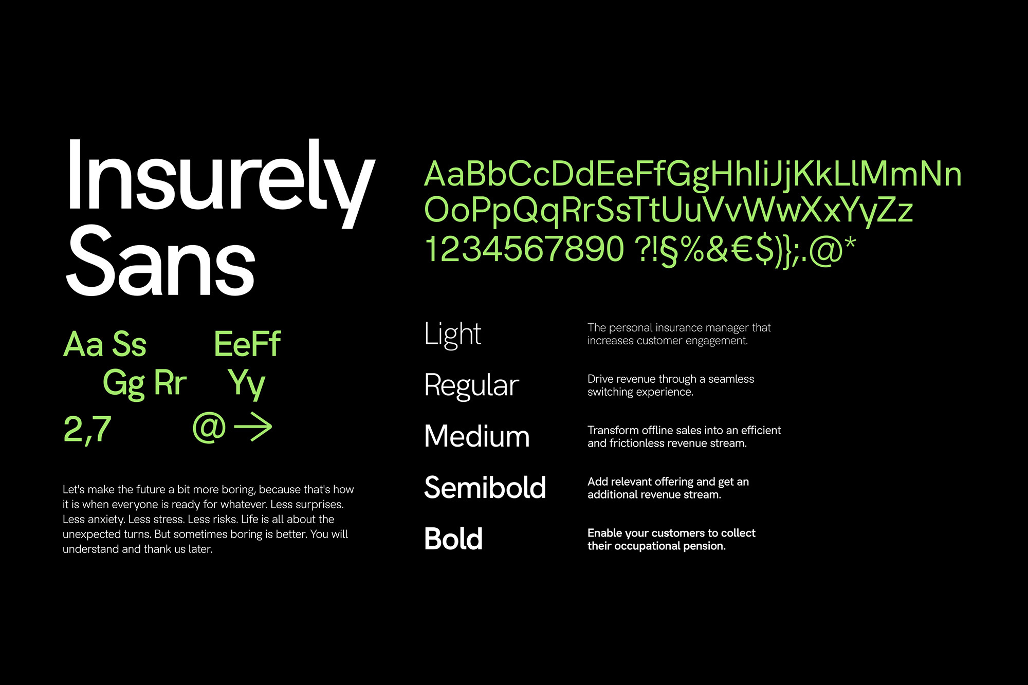 Insurely Sans typeface sample showcasing the font's various weights and characters, set against a dark background, highlighting typography.