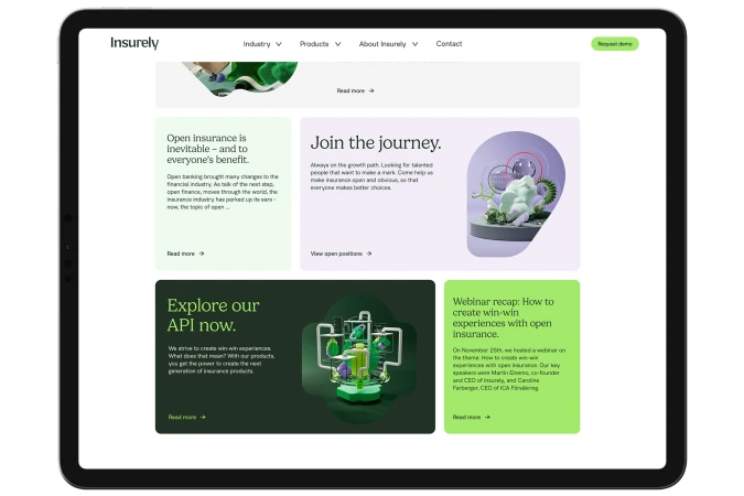 Insurely website displayed on a tablet with a green and white color scheme showcasing insurance and financial technology solutions.
