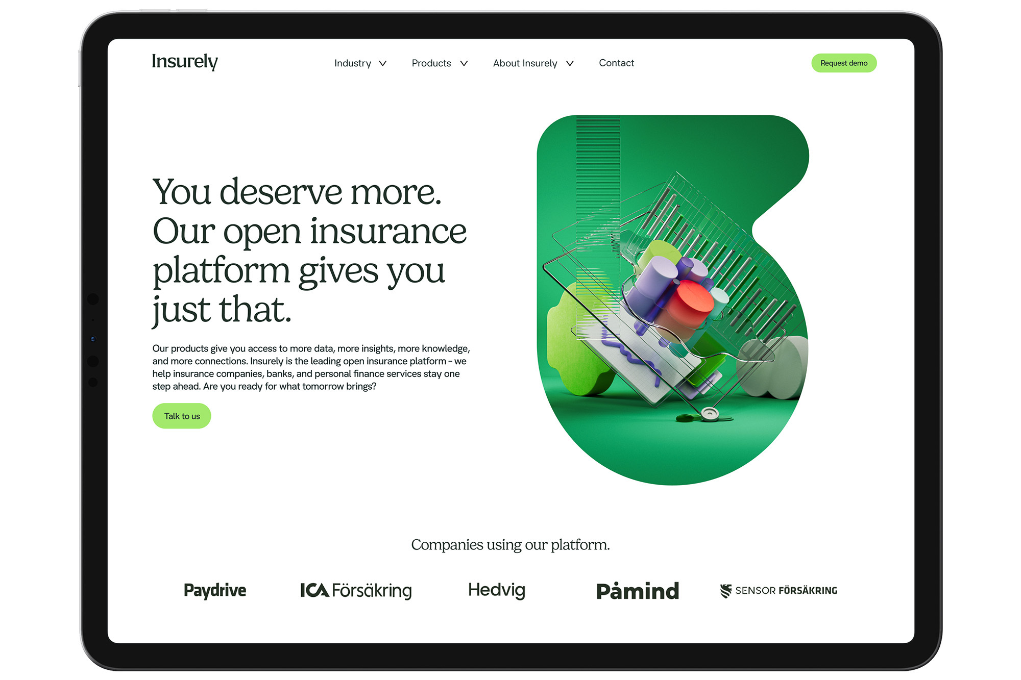Insurely website displayed on a tablet screen featuring abstract shapes and colors, highlighting the insurance platform's interface.