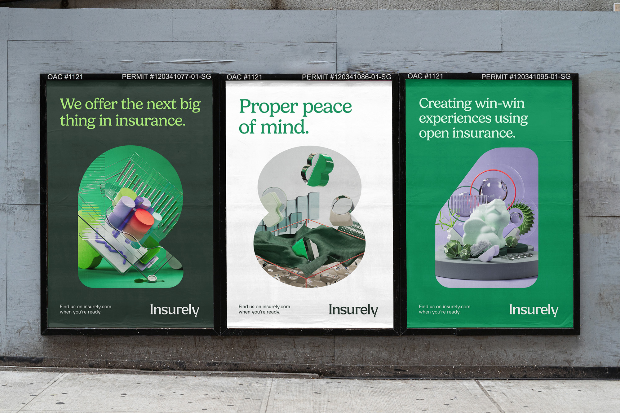 Three Insurely insurance ads on an outdoor wall featuring geometric designs, abstract art, and green, white, and purple color palettes.