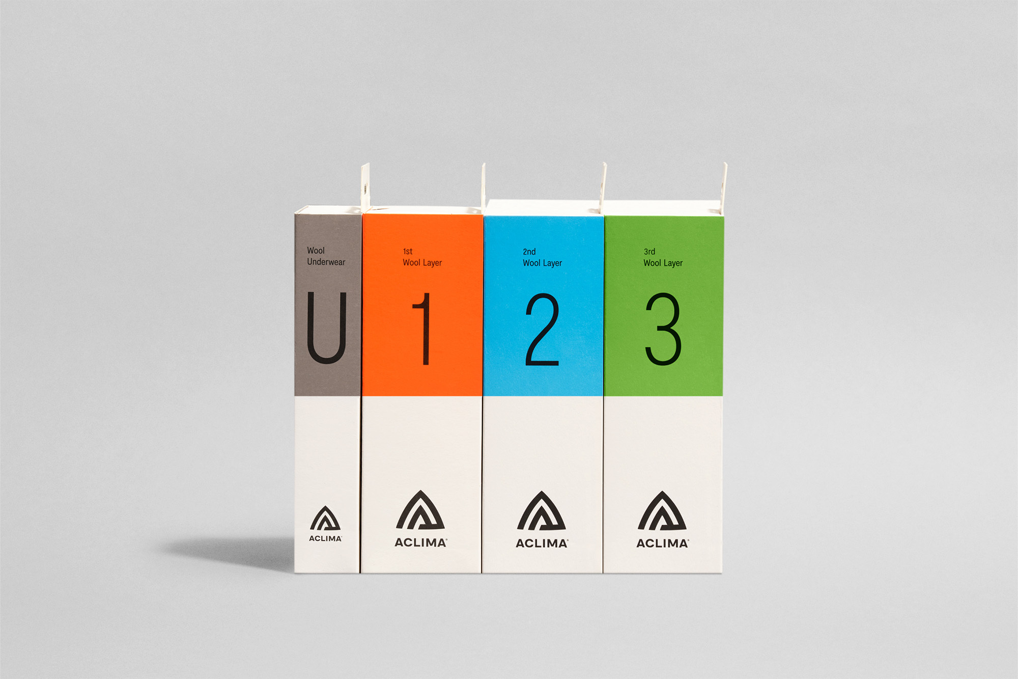 Four ACLIMA boxes in a row, labeled U, 1, 2, and 3, for wool underwear layers, on a white background, product photography.