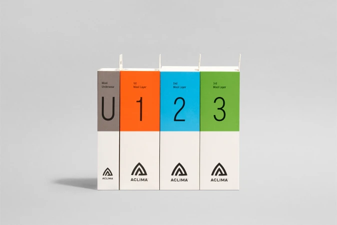 Four ACLIMA boxes in a row, labeled U, 1, 2, and 3, for wool underwear layers, on a white background, product photography.