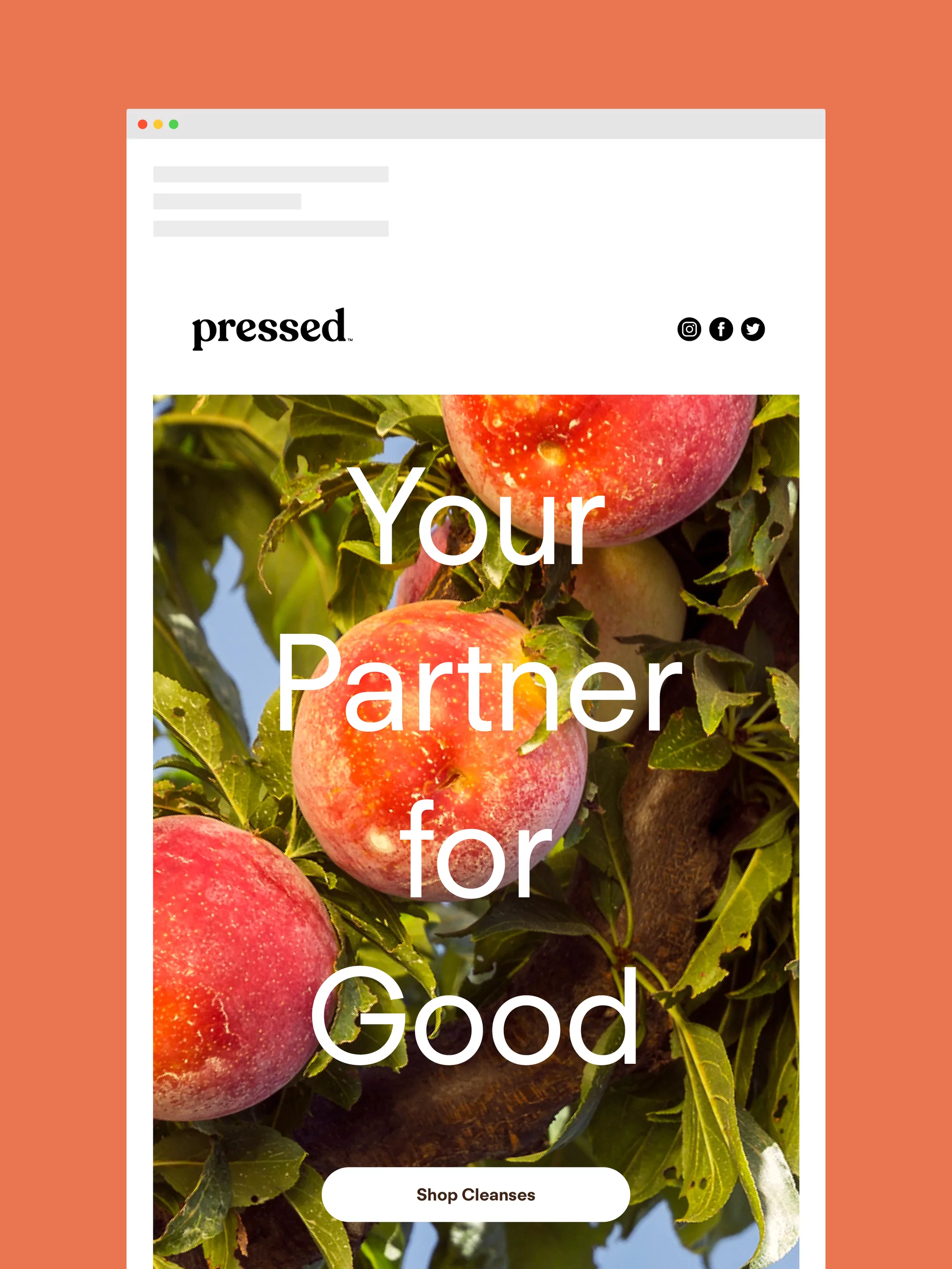 Advertisement for Pressed featuring close-up images of peaches on a tree with green leaves in a bright and natural setting.