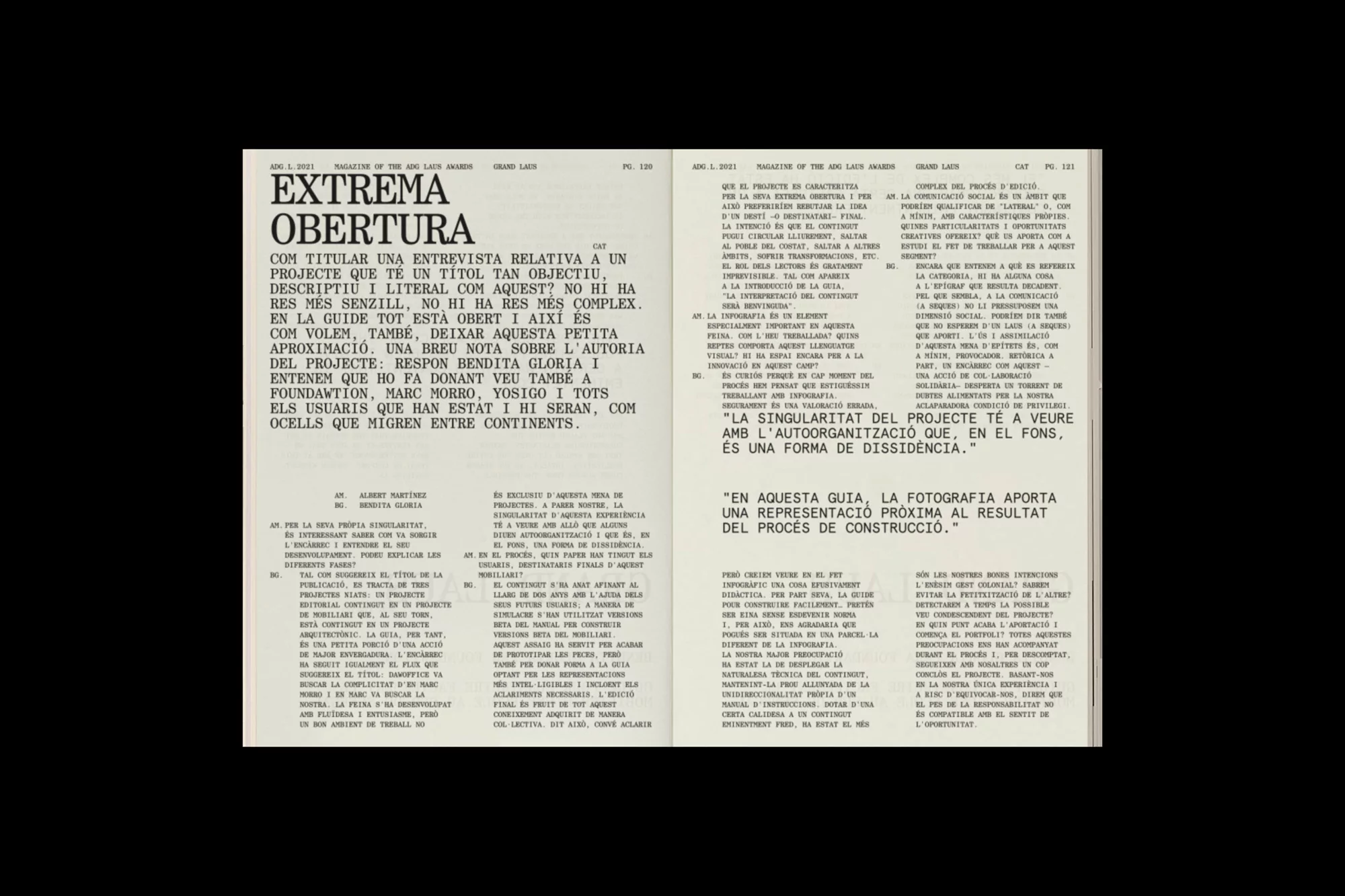 Open book pages featuring black text on a white background, with a magazine article titled 'Extrema Obertura' in Catalan.
