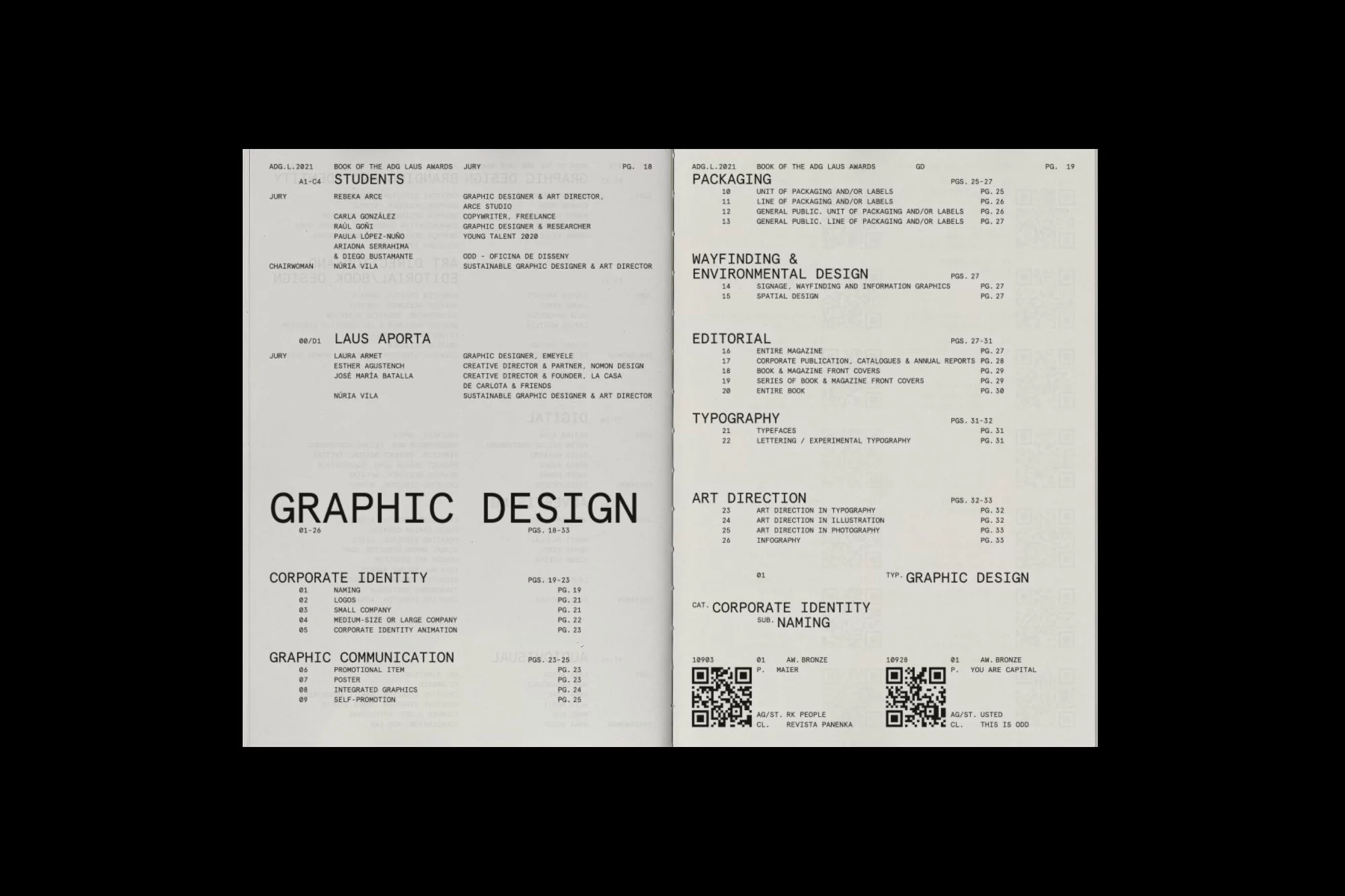 Open book spread showcasing graphic design elements, typography, layout, and corporate identity examples on a light background.