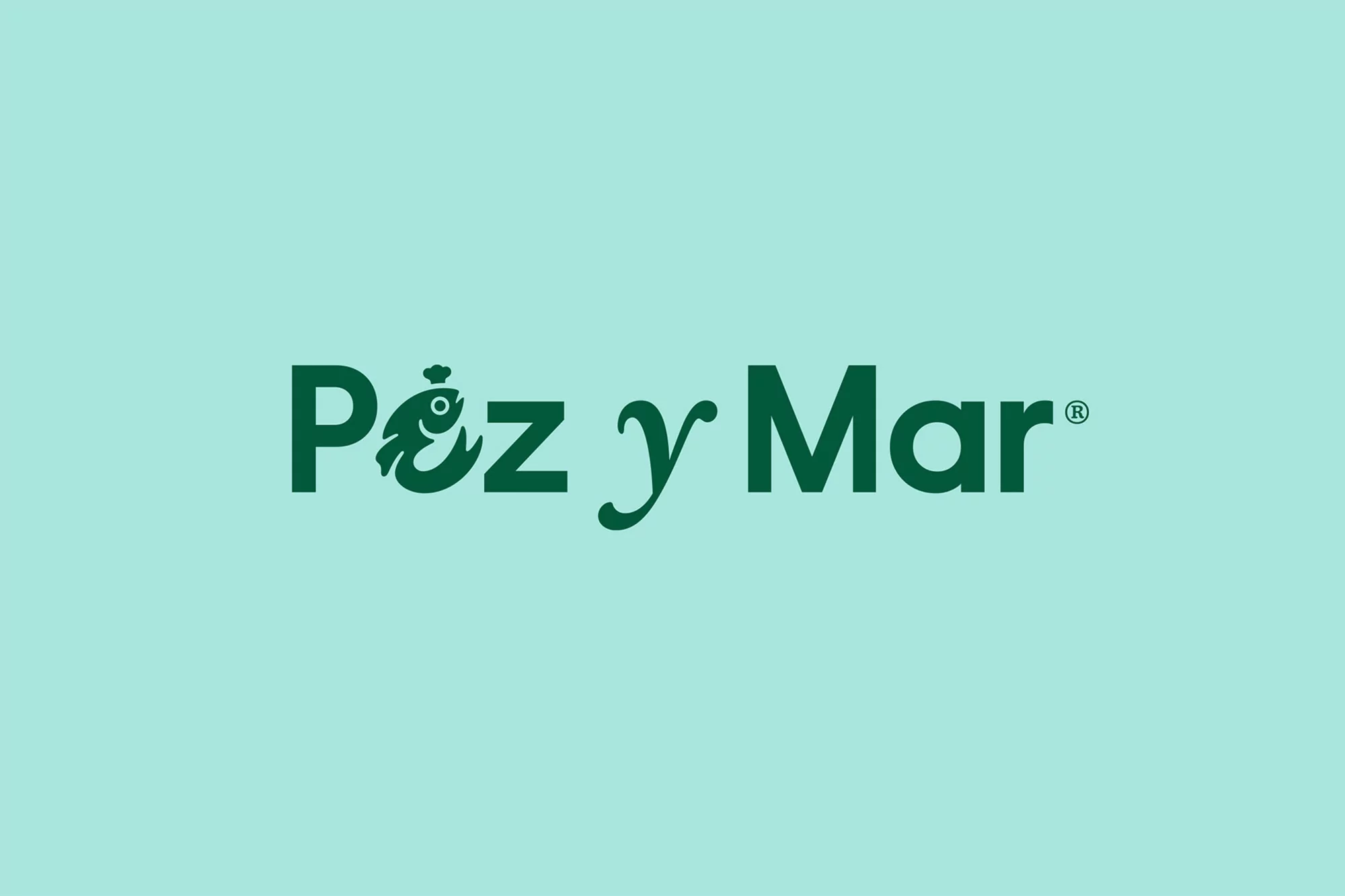 Logo for Poz y Mar featuring green text with a fish wearing a chef's hat integrated into the letter 'o' on a light green background.