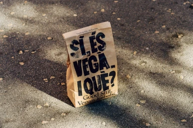Brown paper takeaway bag with bold black typography resting on asphalt ground outdoors