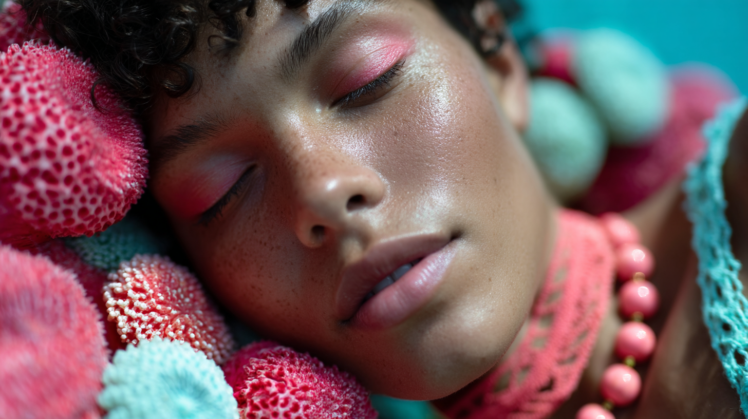 Close-up of a woman with closed eyes and freckles, wearing makeup and pink necklace, lying among coral and seafoam pom-poms.