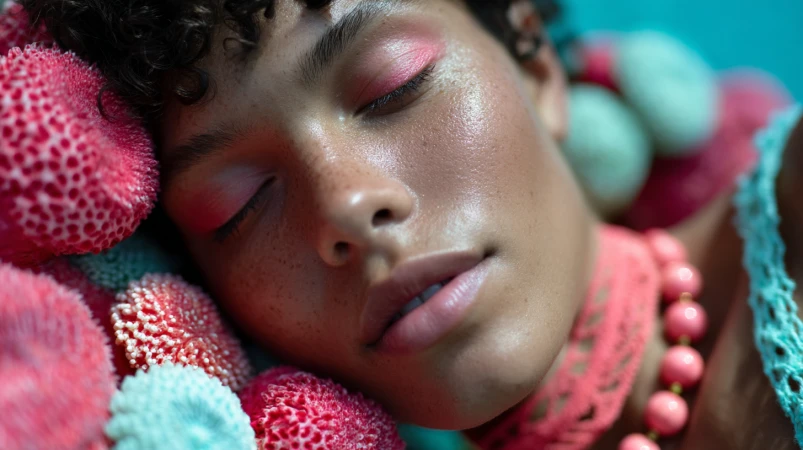 Close-up of a woman with closed eyes and freckles, wearing makeup and pink necklace, lying among coral and seafoam pom-poms.
