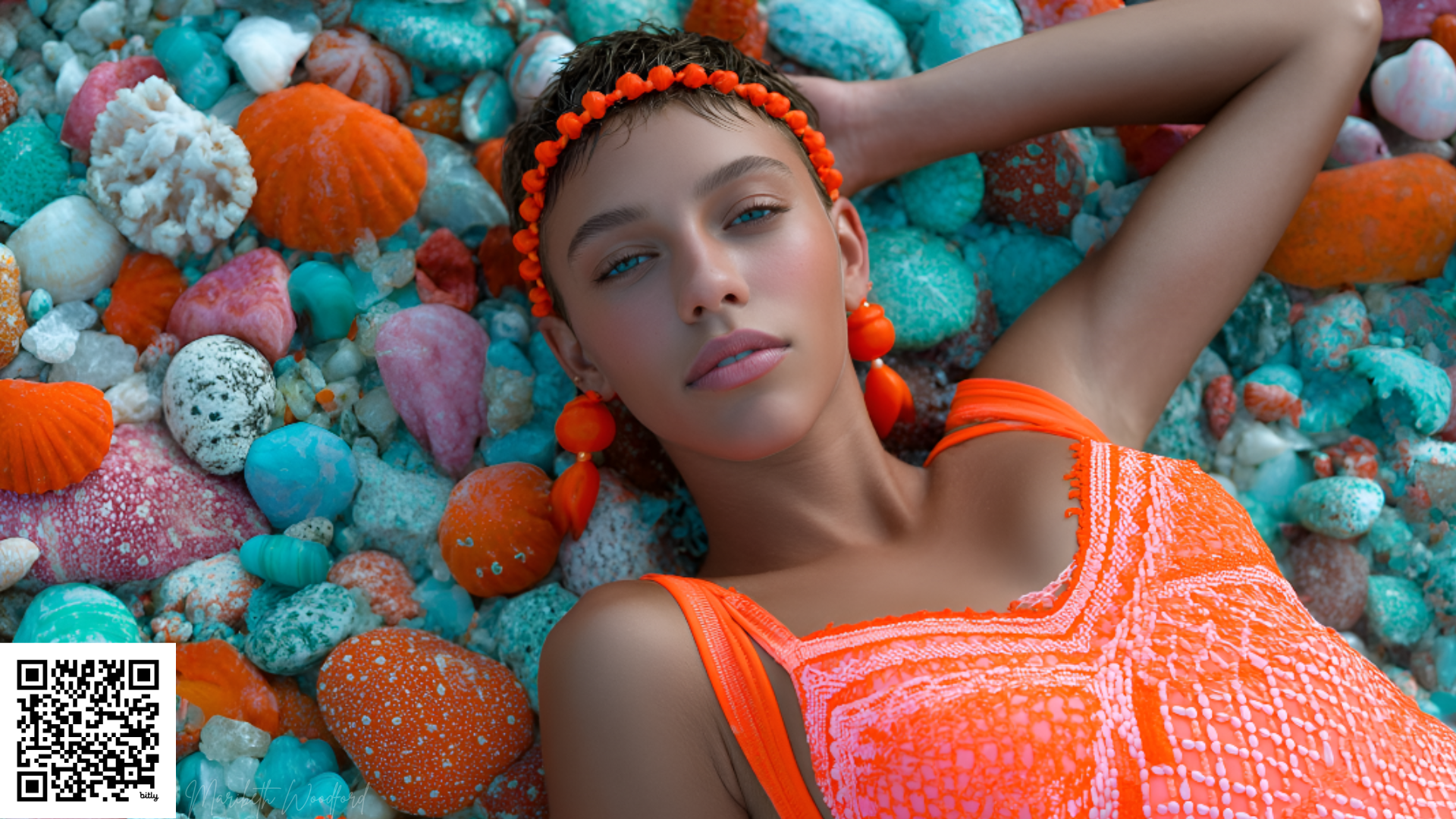 Woman in orange lace dress and beaded headband lies on a bed of multicolored pebbles, looking directly at the camera in a portrait shot.