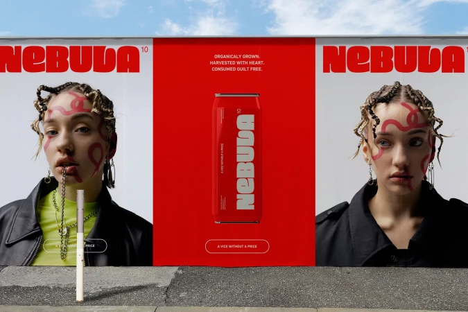 Billboard advertisement featuring a can of Nebula energy drink and two models with striking face paint, set against a blue sky backdrop.