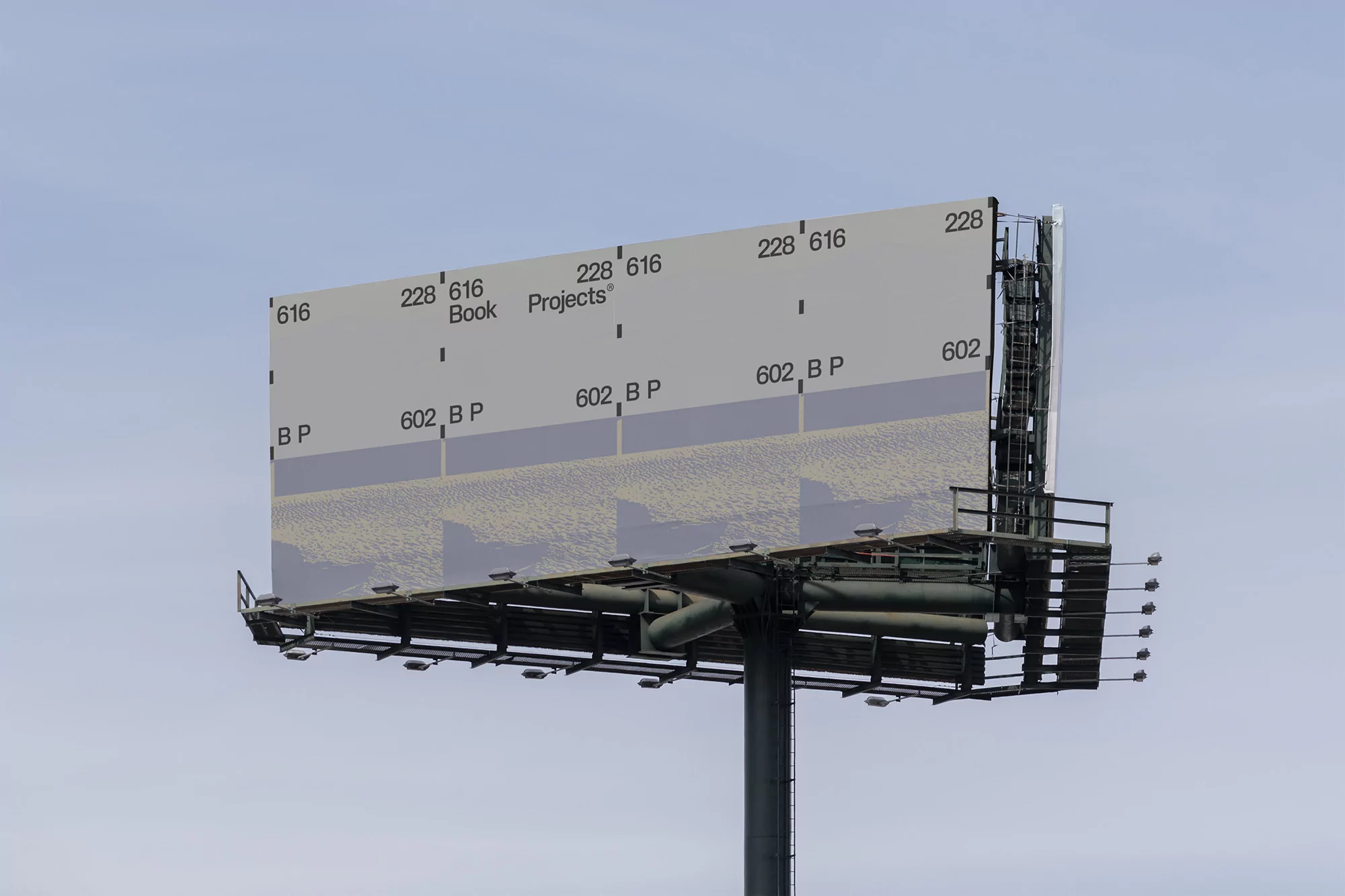 Billboard featuring measurement lines and text 'Book Projects' against a blue sky, showcasing advertising and structural design elements.