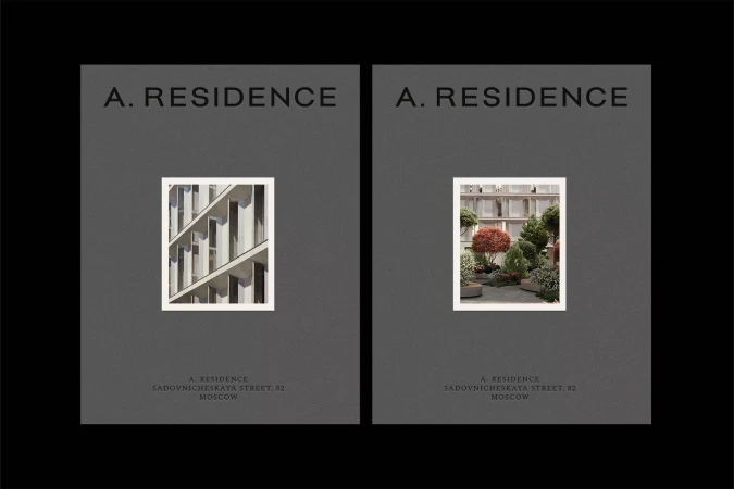 Architectural design of A. Residence in Moscow, Russia, featuring building facade and lush garden views on a gray background.