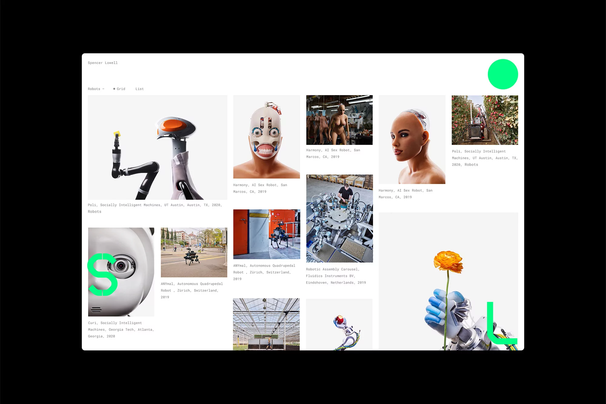Grid of images showcasing various robot designs and robotic applications, displayed on a white webpage with black background, green accents.