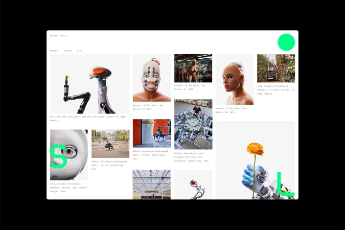 Grid of images showcasing various robot designs and robotic applications, displayed on a white webpage with black background, green accents.