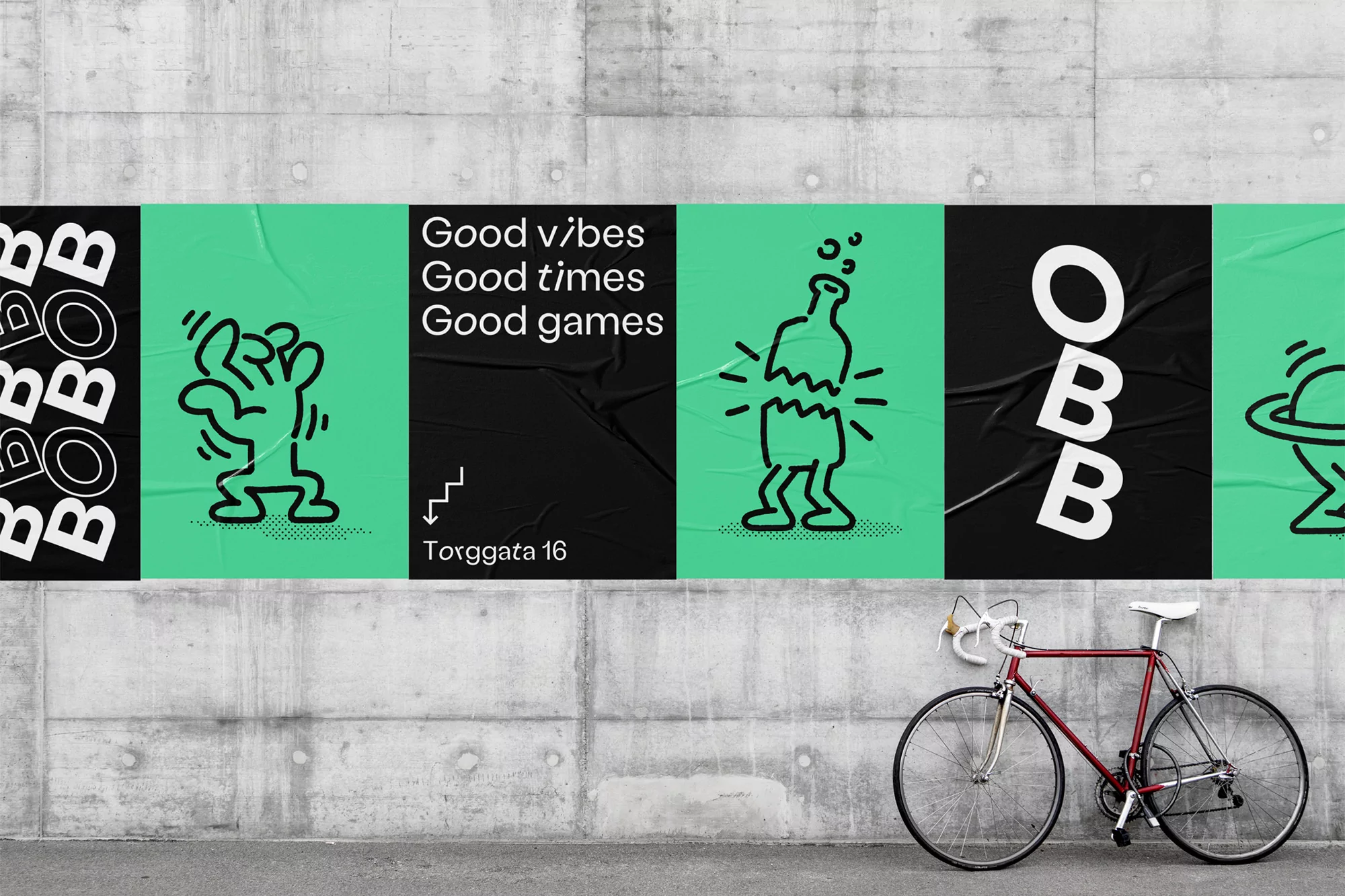 Street art poster on a concrete wall with line drawings and text, along with a red bicycle parked in front of it.