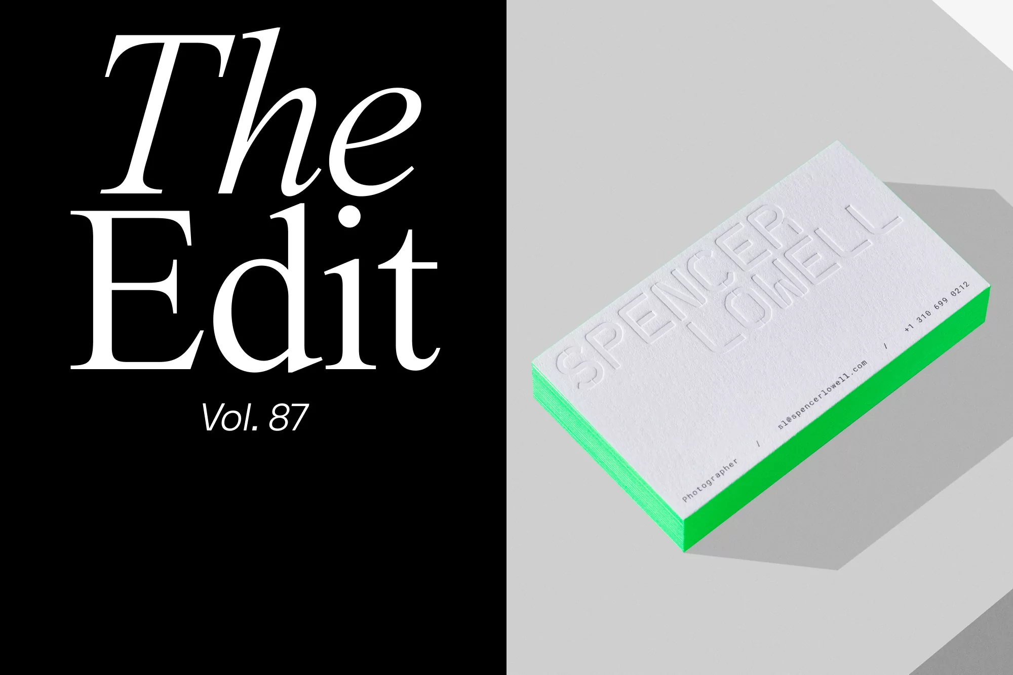 Stack of bright green and white business cards with embossed text, displayed on a light gray surface with black text to the left.