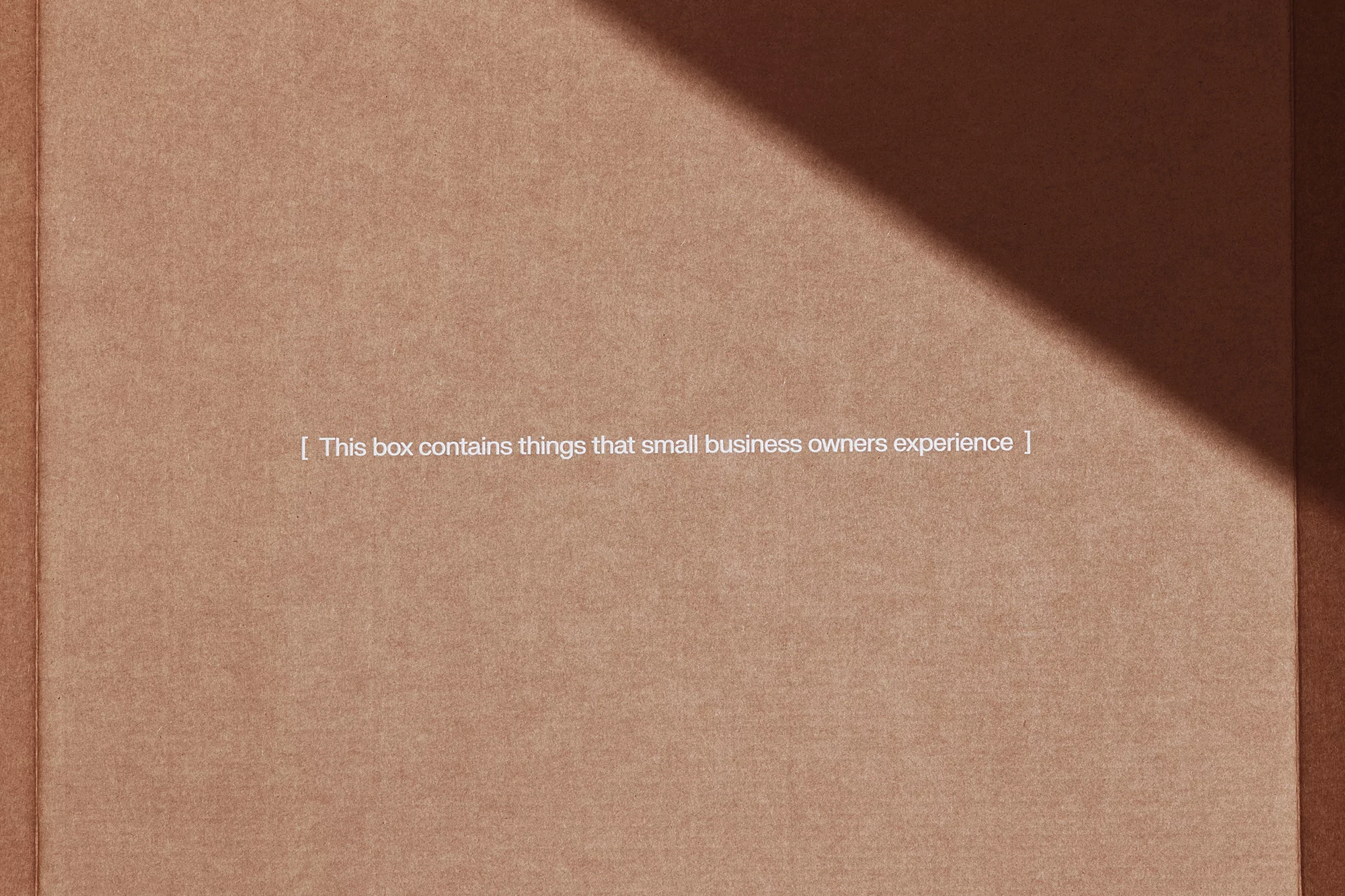 Close-up of an open cardboard box, featuring white text within and a soft shadow casting over the upper right corner.