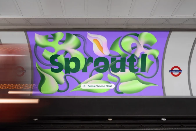 Eye-level shot of a Sproutl ad in a subway with an illustration of Monstera leaves and abstract shapes on a purple background.