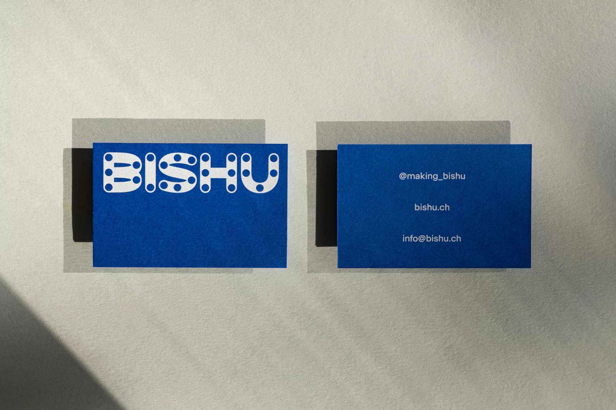 Two blue business cards with the name BISHU in white, featuring a modern, dotted design on a textured, neutral background.