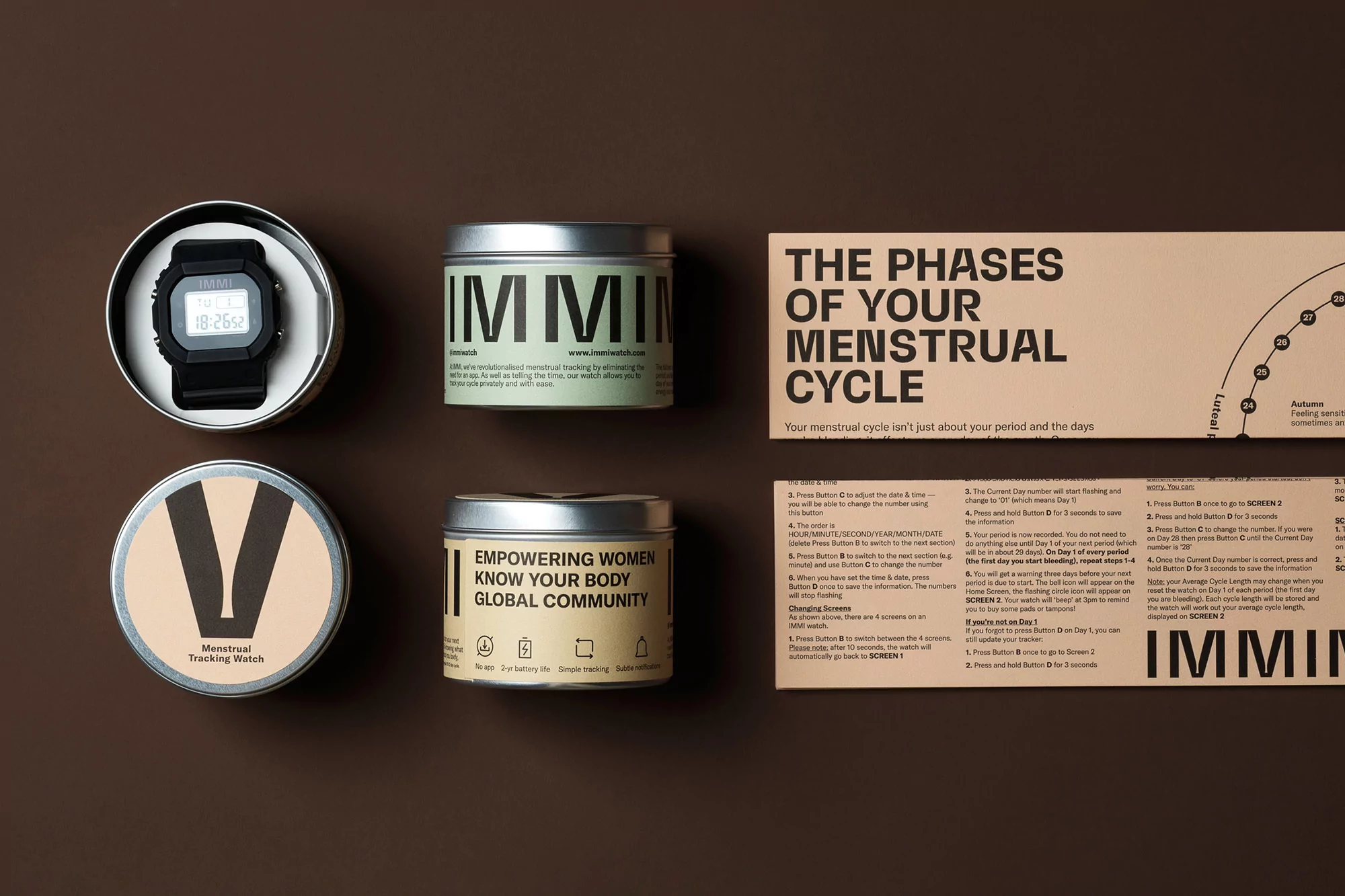 Arrangement of IMMI menstrual health tracking products including digital watches in tins, product boxes, and educational pamphlets.