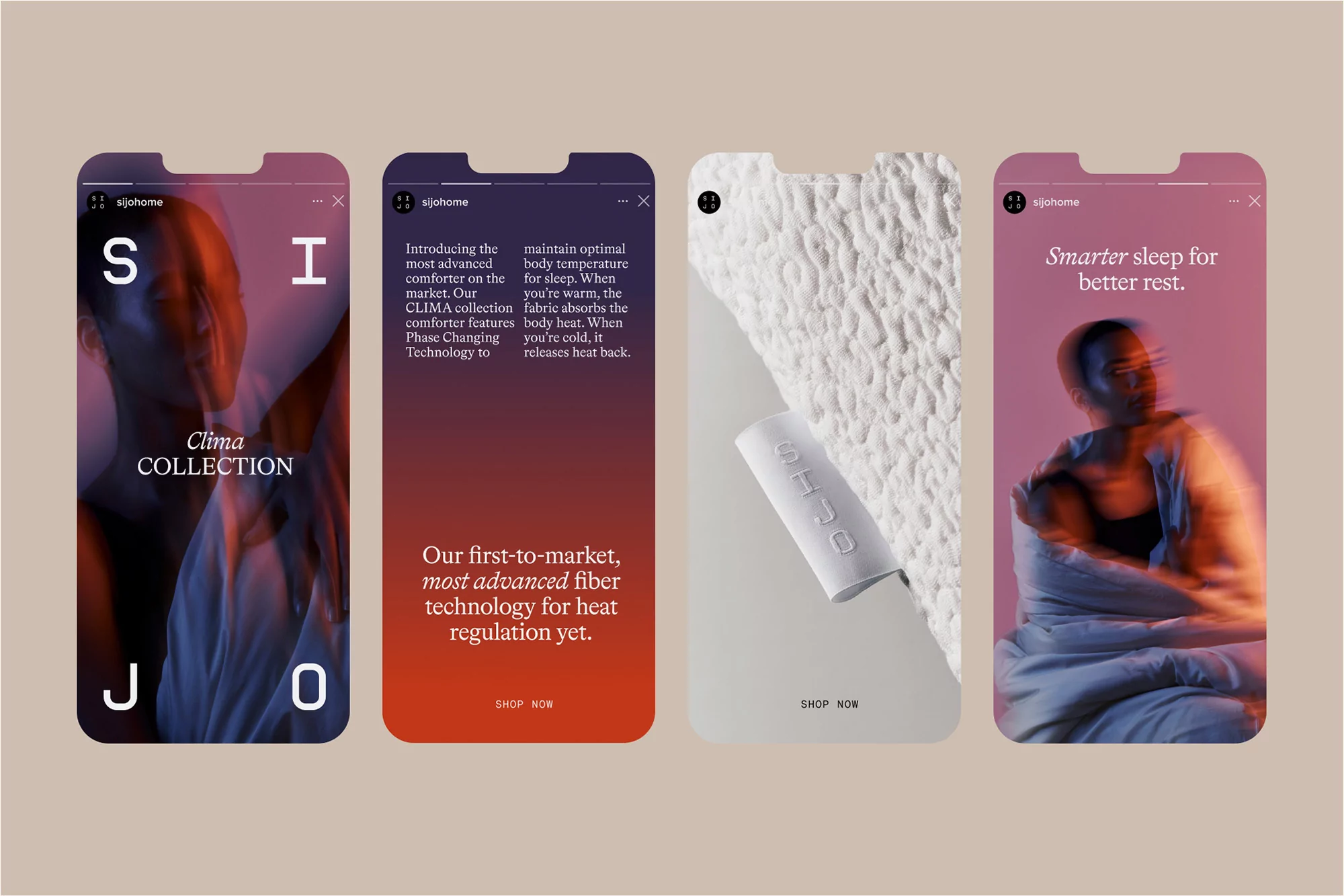 Four phone displays show a comforter promotion with a person under a blanket, product shot, and text: 'Smarter sleep for better rest'.