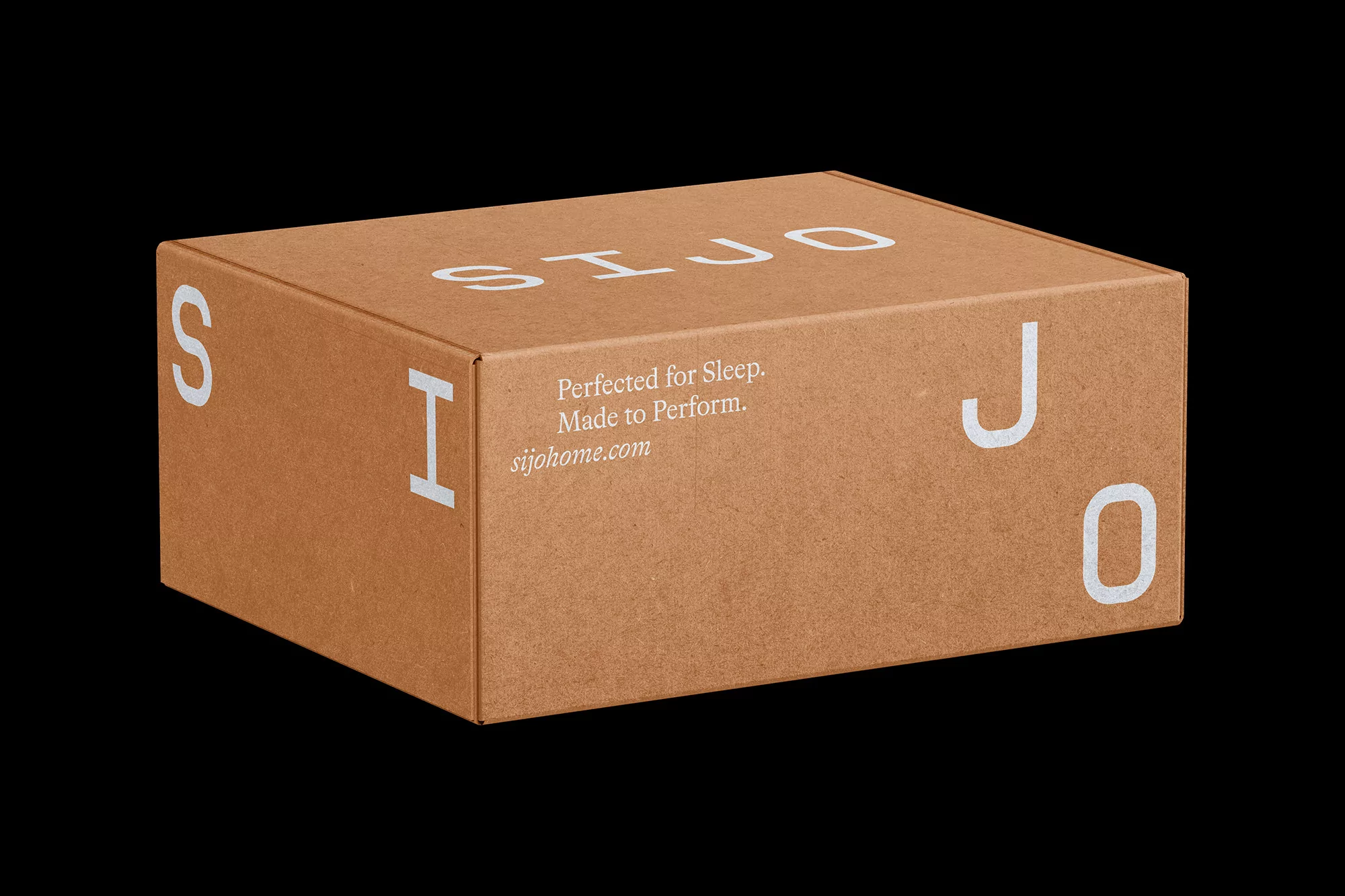 Studio product shot of a brown cardboard box with white text, reading "SIJO" and "sijohome.com", against a solid black background.